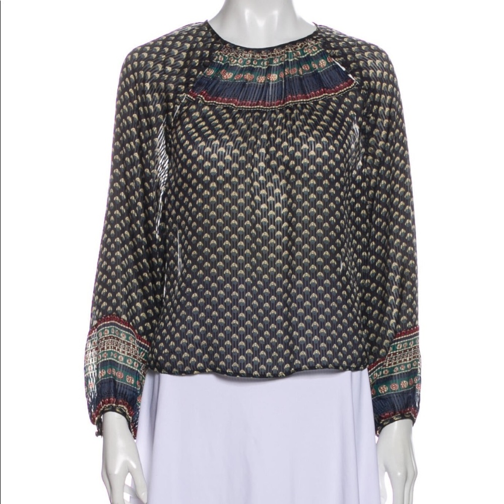 Doen Sheer Manzanita Blue Silk Printed Long Sleeve Top